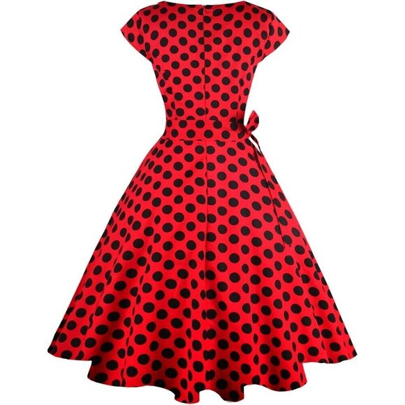 Women Red Boatneck Cap Sleeve Vintage Swing Cocktail Party Dress with Pockets - Picture 3 of 8